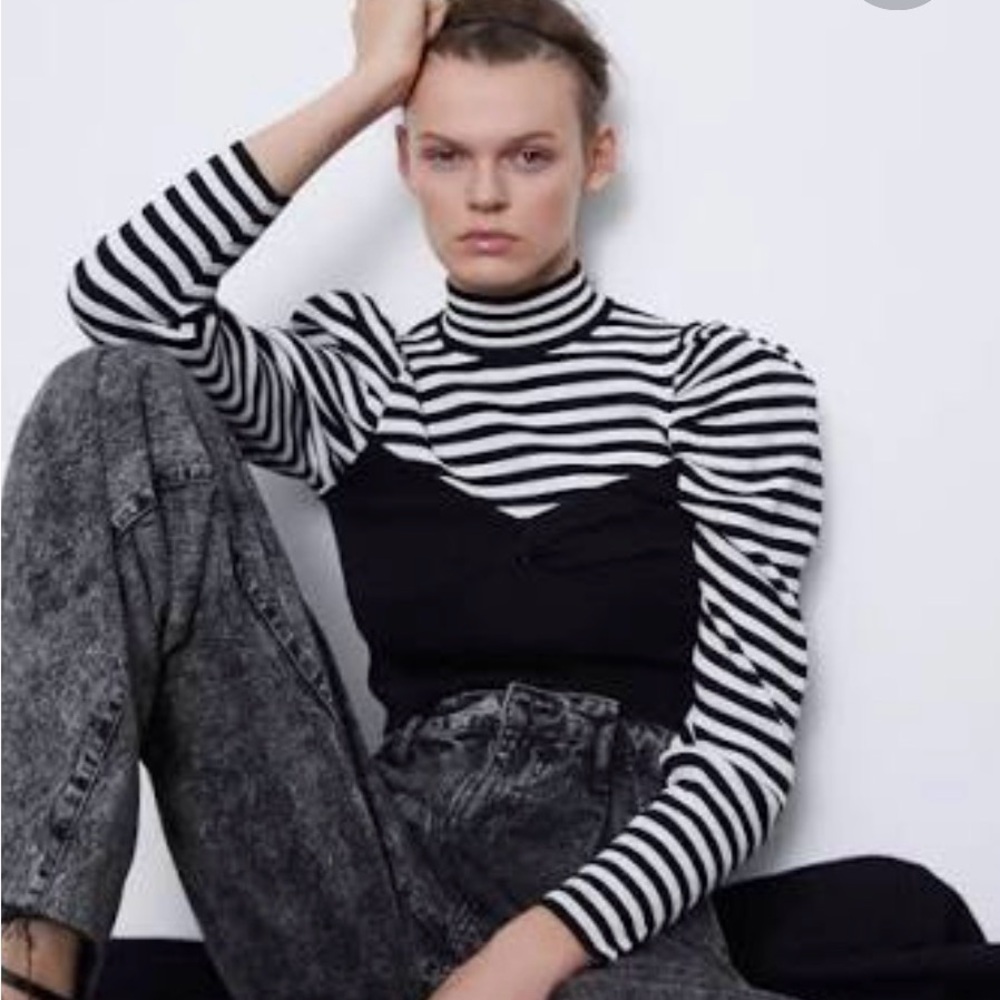 Zara Black and White Striped Mock Neck Layered Top
